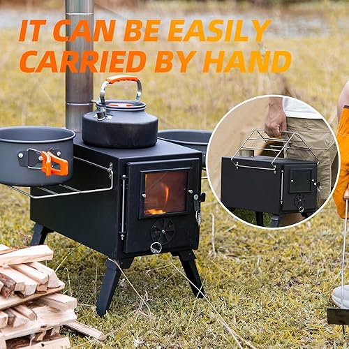 Miniatura 4 de AVOFOREST - Estufa de leña caliente, estufa de leña pequeña con tubos de chimenea de acero inoxidable 76 para calefacción y cocina al aire libre,