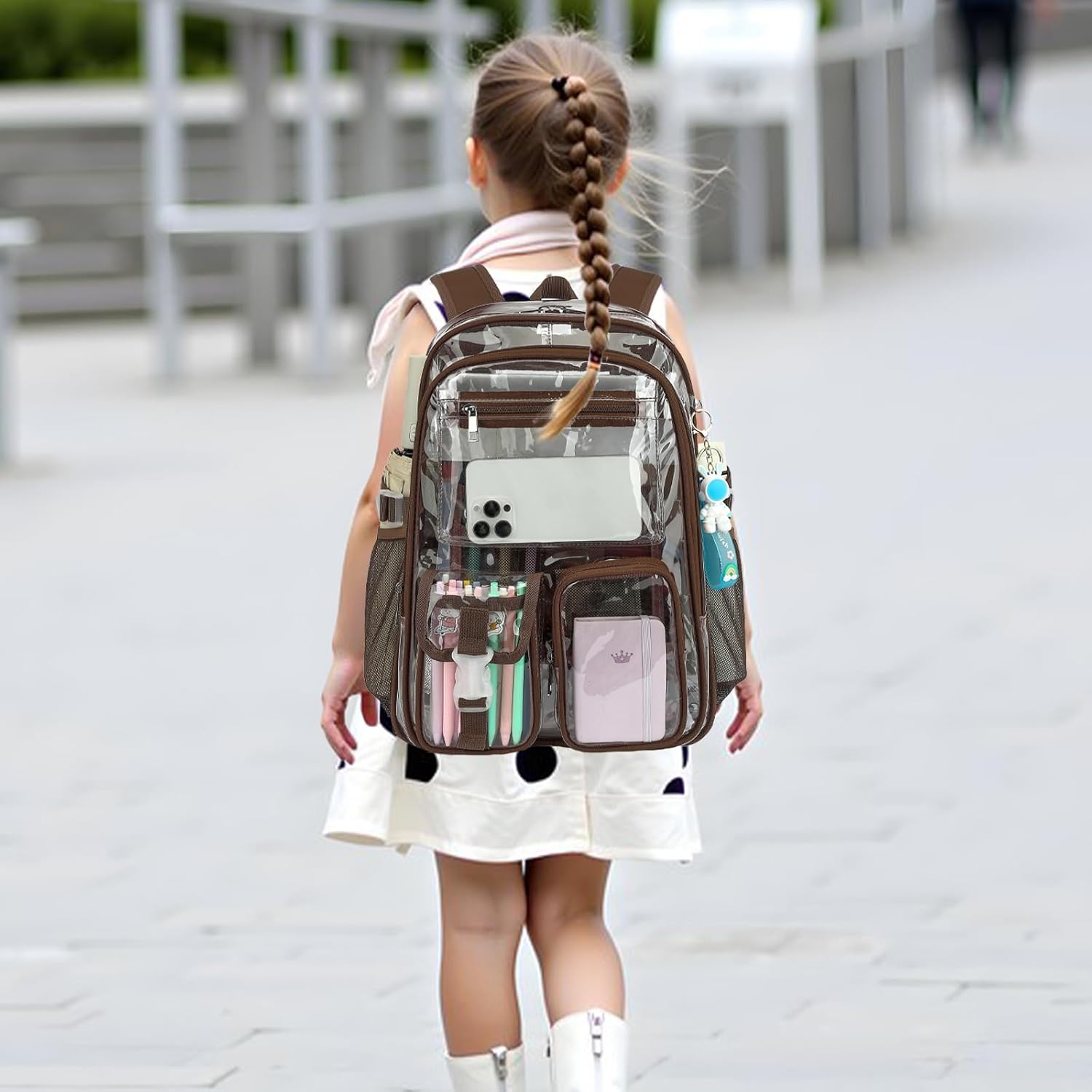 Clear Backpack Heavy Duty Transparent Backpacks Stadium Approved for School Work Sport Travel (Coffee)