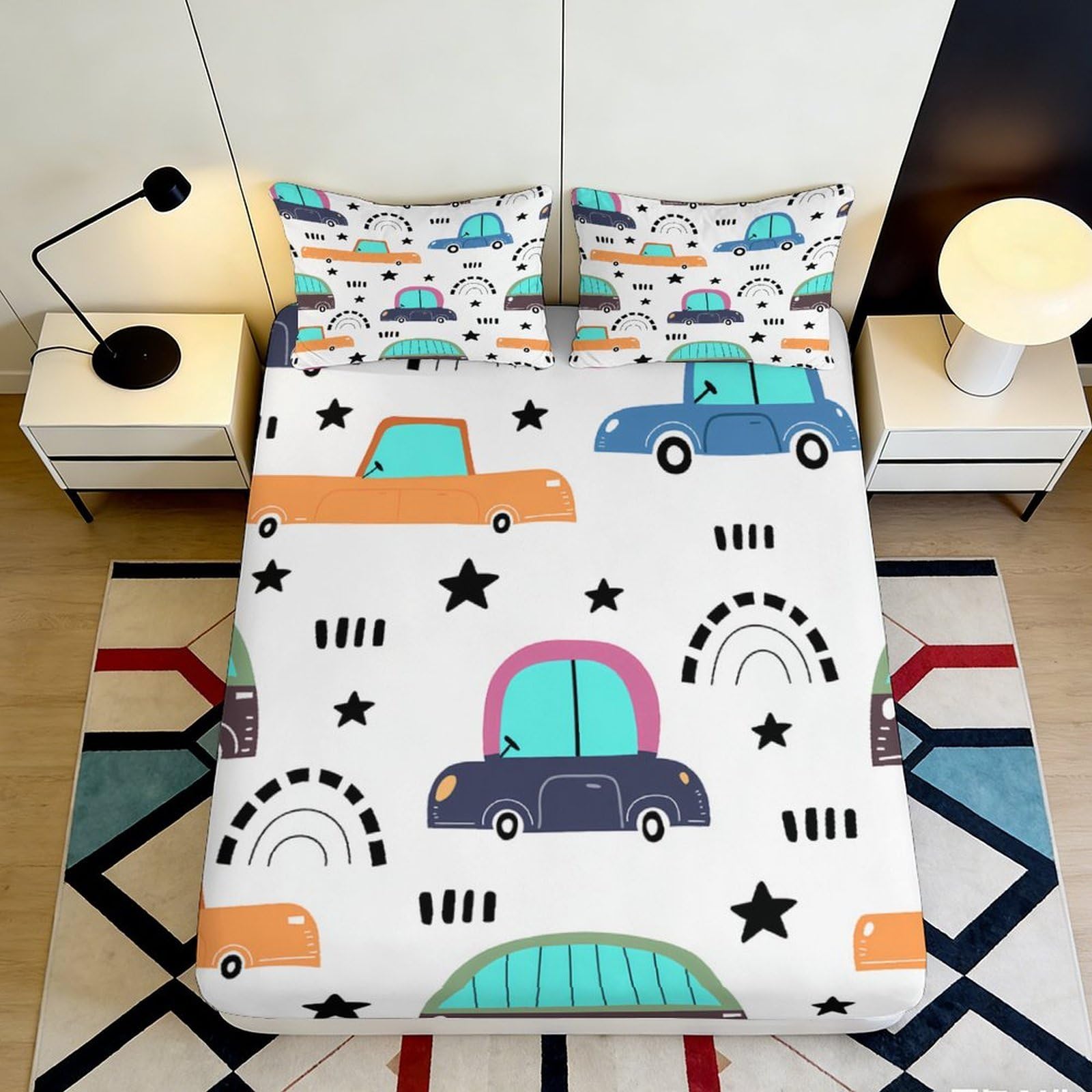 Zfldkwgb Style-10 3D Printed Colourful Cartoon Car Fitted Sheet Microfiber Breathable Kids Rainbow Bed Cover For Bedroom Guest Room 90X200x25cm