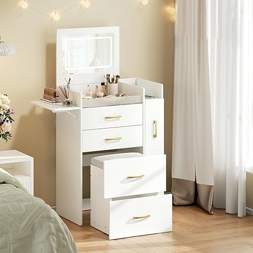 Small Vanity Desk,Compact Vanity Set with Power Outlet,3 in 1 Makeup Vanity with Lights with 3 Modes Lighting,Plip Mirror,Sliding Cabinet,Storage Stool,Dressing Table,White Vanity PT01DTM