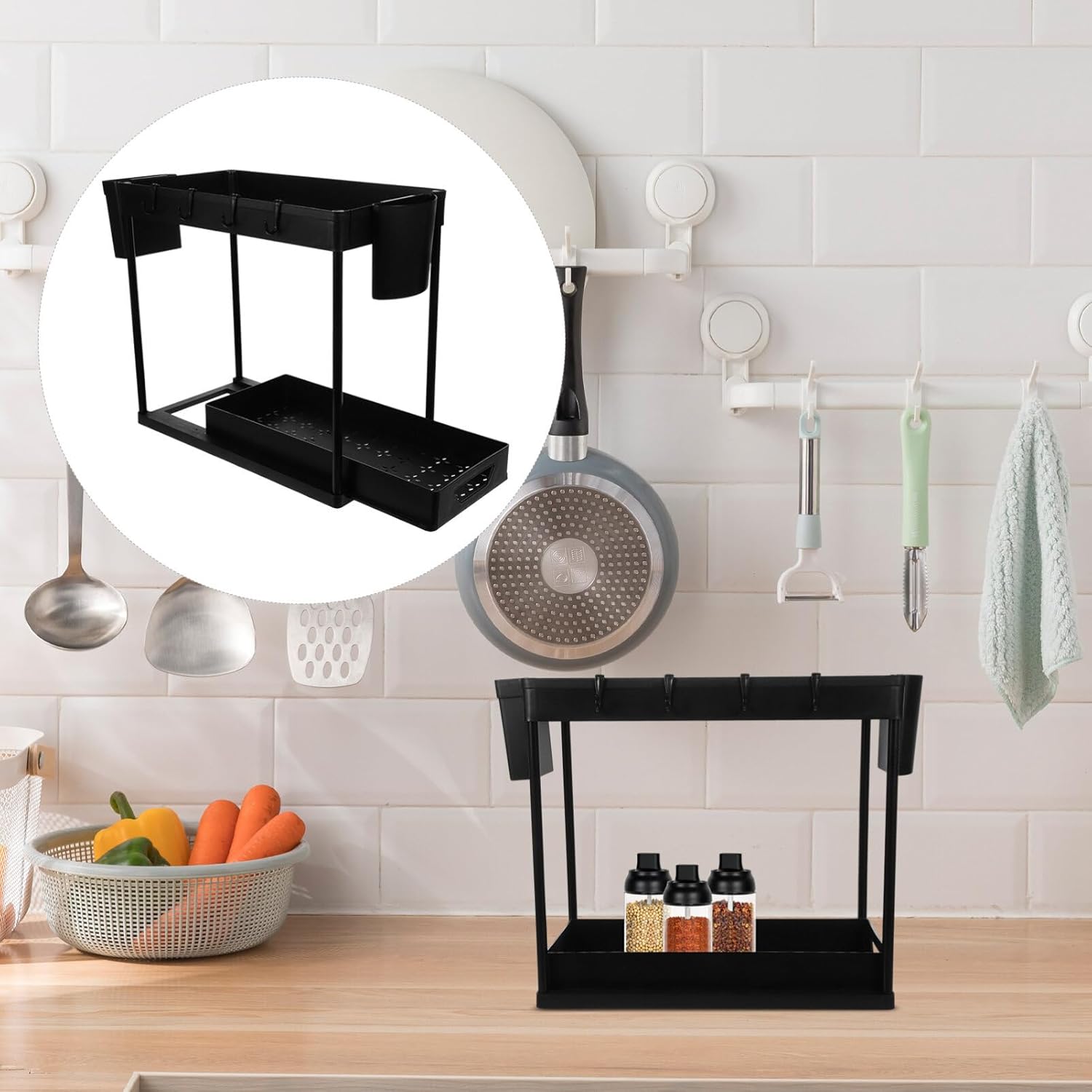 Alipis 2tier Dual Counter Condiment Holder Pull-out under Sink Organizer for Kitchen Maximizes Storage Space Sliding Design for Spice Bottles and Jars