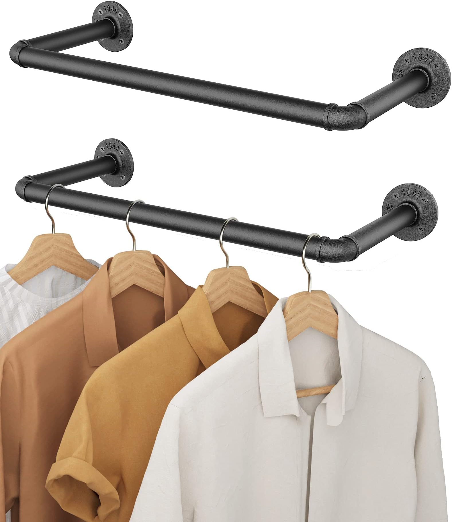 OROPY Industrial Pipe Clothes Bar Rack, Set of 2, 49cm Wall Mounted Detachable Retro Metal Garment Hanging Storage Rail (Double Base)