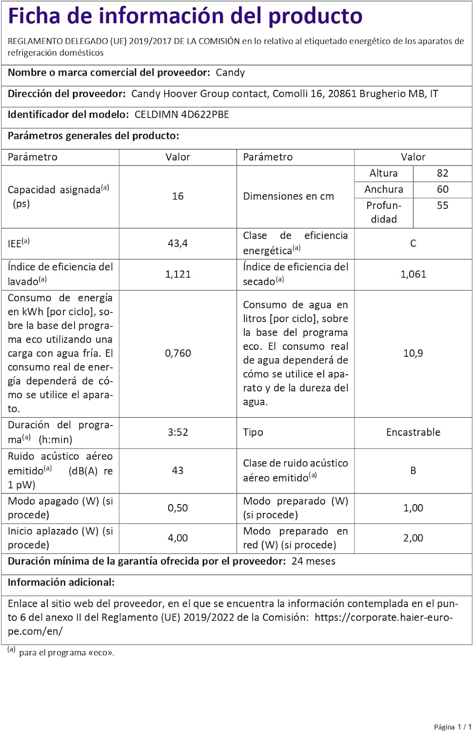 Product Information Sheet for Candy CELDIMN 4D622PBE Dishwasher, detailing specifications like capacity, dimensions, energy efficiency, and noise level.