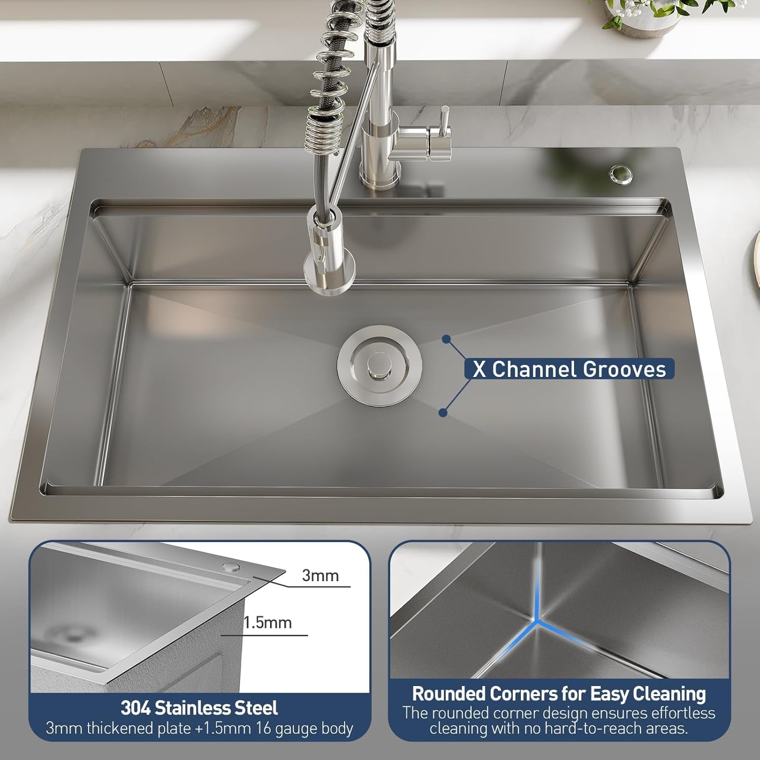 304 Stainless Steel Kitchen Sink - Single Bowl Drop-in Workstation with Hot/Cold Pull-Out Faucet - x-Shaped Quick Drainage & Sound-Deadening Design - R10 Rounded Corners for Easy Cleaning