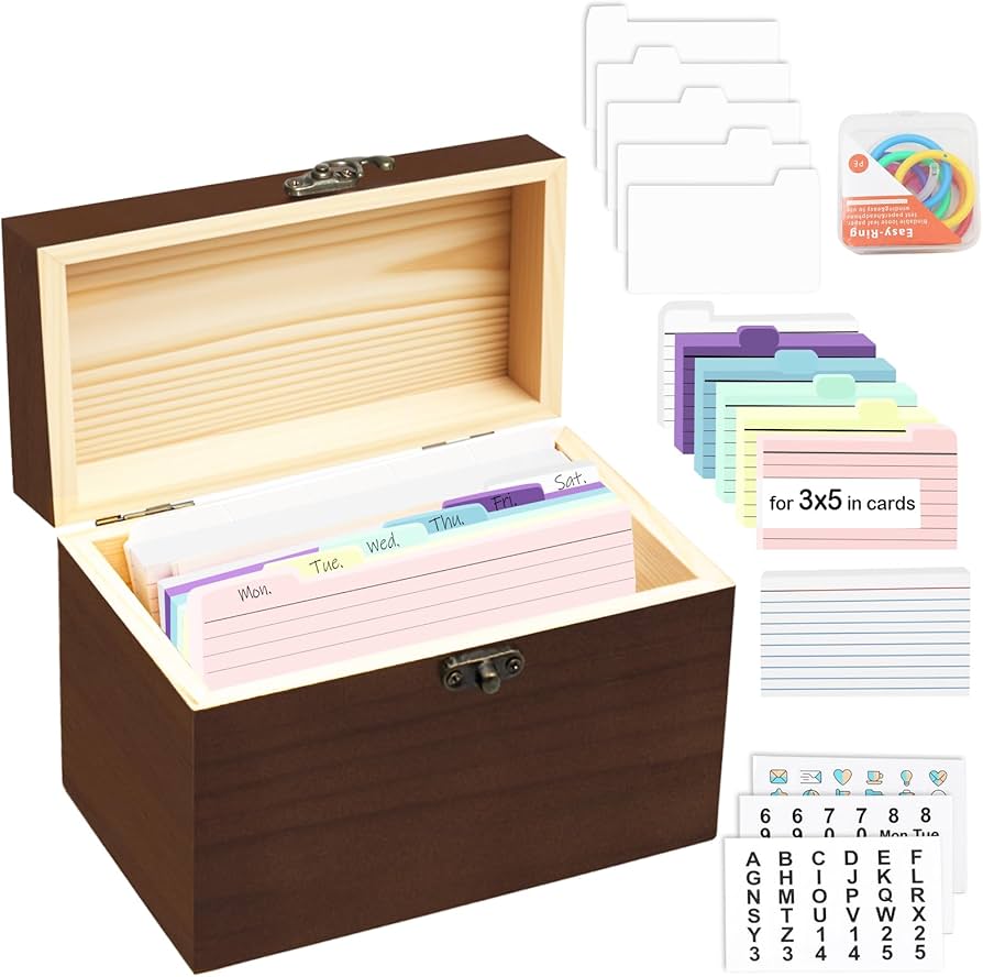 Neando 5x8 Index Card Organizer With Lid – Extra Large Acacia Wood Storage Box With 4 Compartments 20 Blank Tabs Holds 600 Cards File Box For - View #11