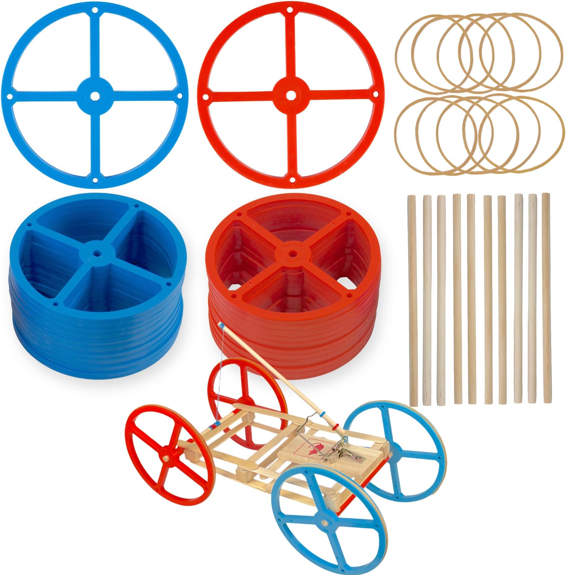 YouMake Large Plastic Project Wheels - 20 Wheels, 20 Rubber Bands, 10 Dowels, and a Project Idea - 4.75 inch Wheel Diameter and 1/4 inch Axel Hole