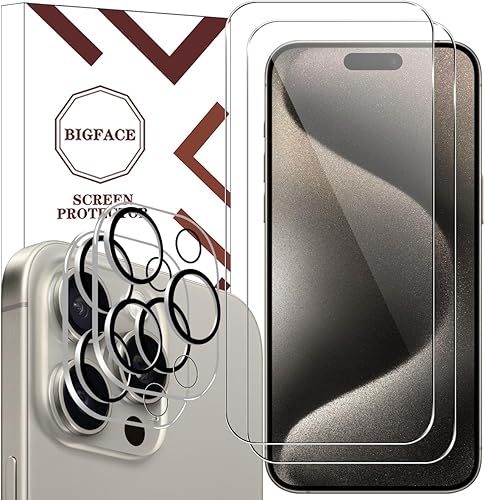 BIGFACE Protector de pantalla compatible con iPhone 15 Pro Max + protectores de lente de cámara, 2 + 2 unidades de vidrio templado transparente HD