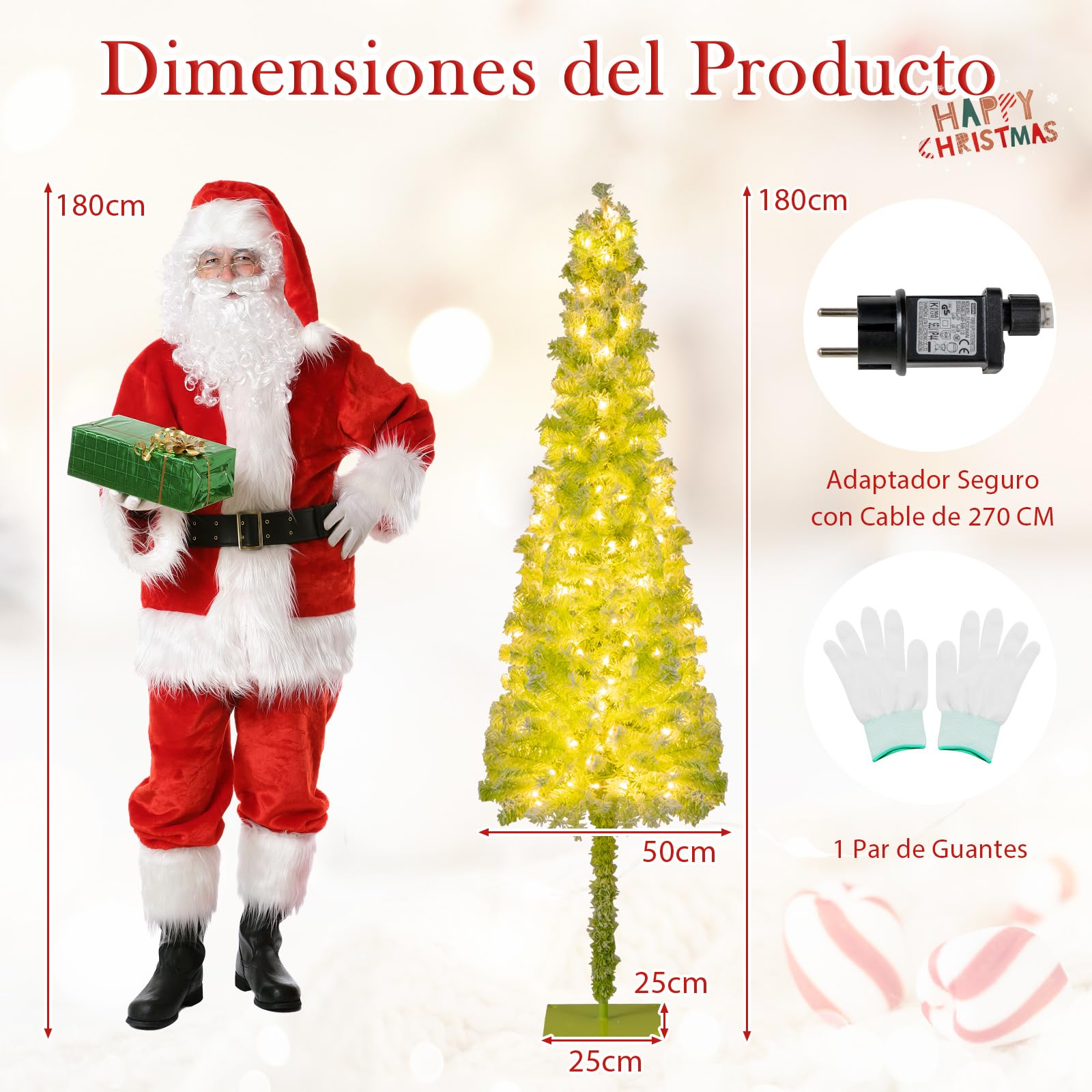 COSTWAY Árbol de Navidad Nevado con Luces 180cm, Cima Flexible, Arbol de Navidad Estrecho con Luces Incorporadas, 8 Modos con 120 LED Blancas Cálidas, 290 Puntas de Ramas (180 cm)