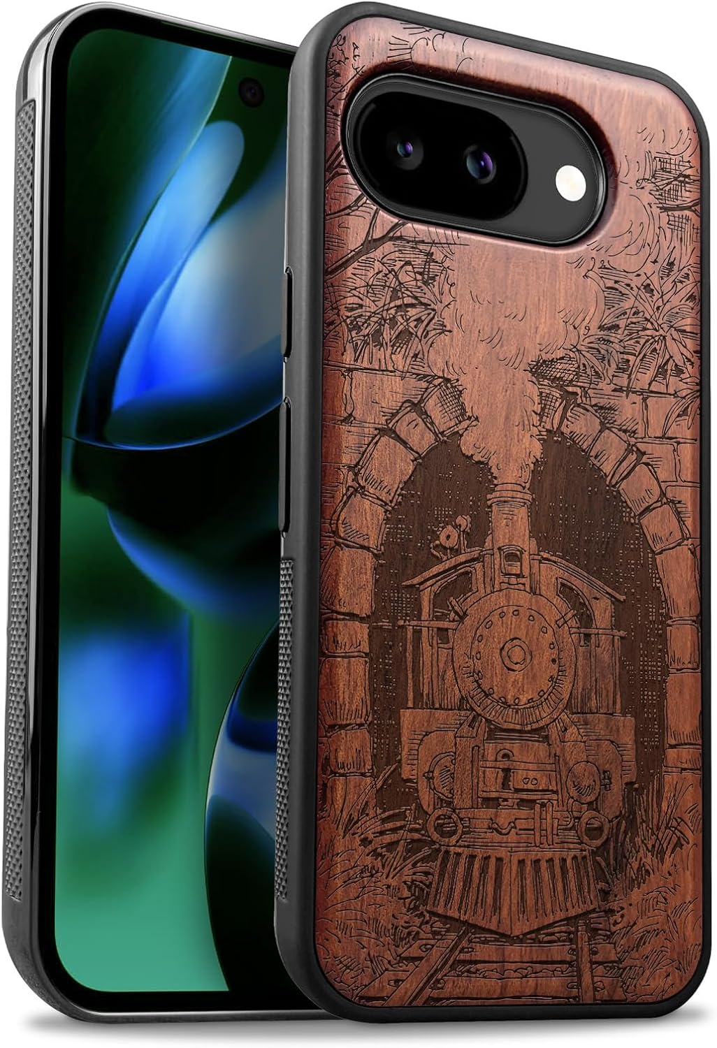 Carveit Magnetic Wooden Case for Google Pixel 10a Case, Wood Artisan Engraved & Soft TPU Shockproof Cover, Compatible with MagSafe Wireless Chargers (Journey Through Time and Industry) Rosy