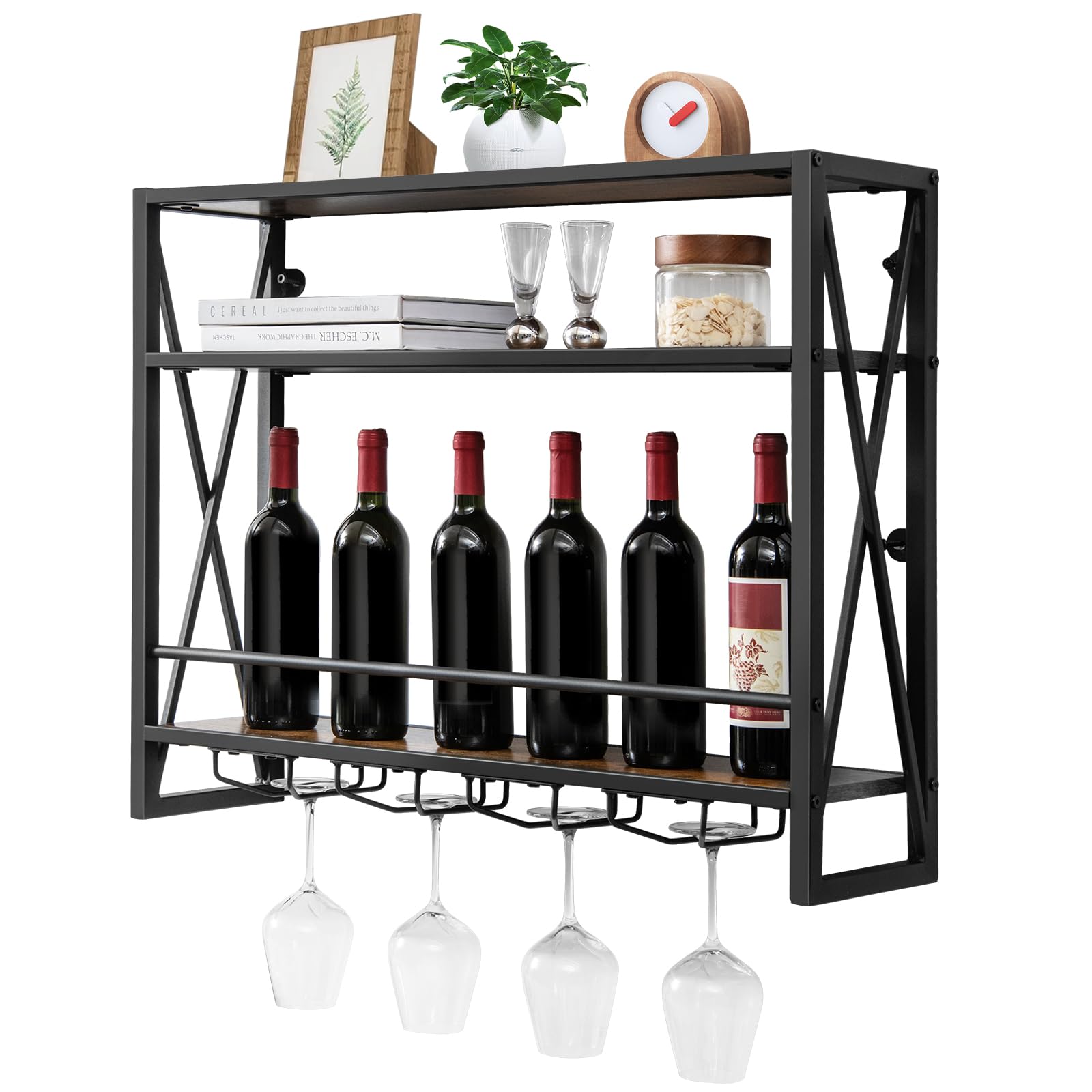 GIANTEX Étagère mural à vin à 3 niveaux avec support en verre - Étagère en bois et métal - Industrielle flottante pour cuisine, maison - 80 x 20 x 63 cm