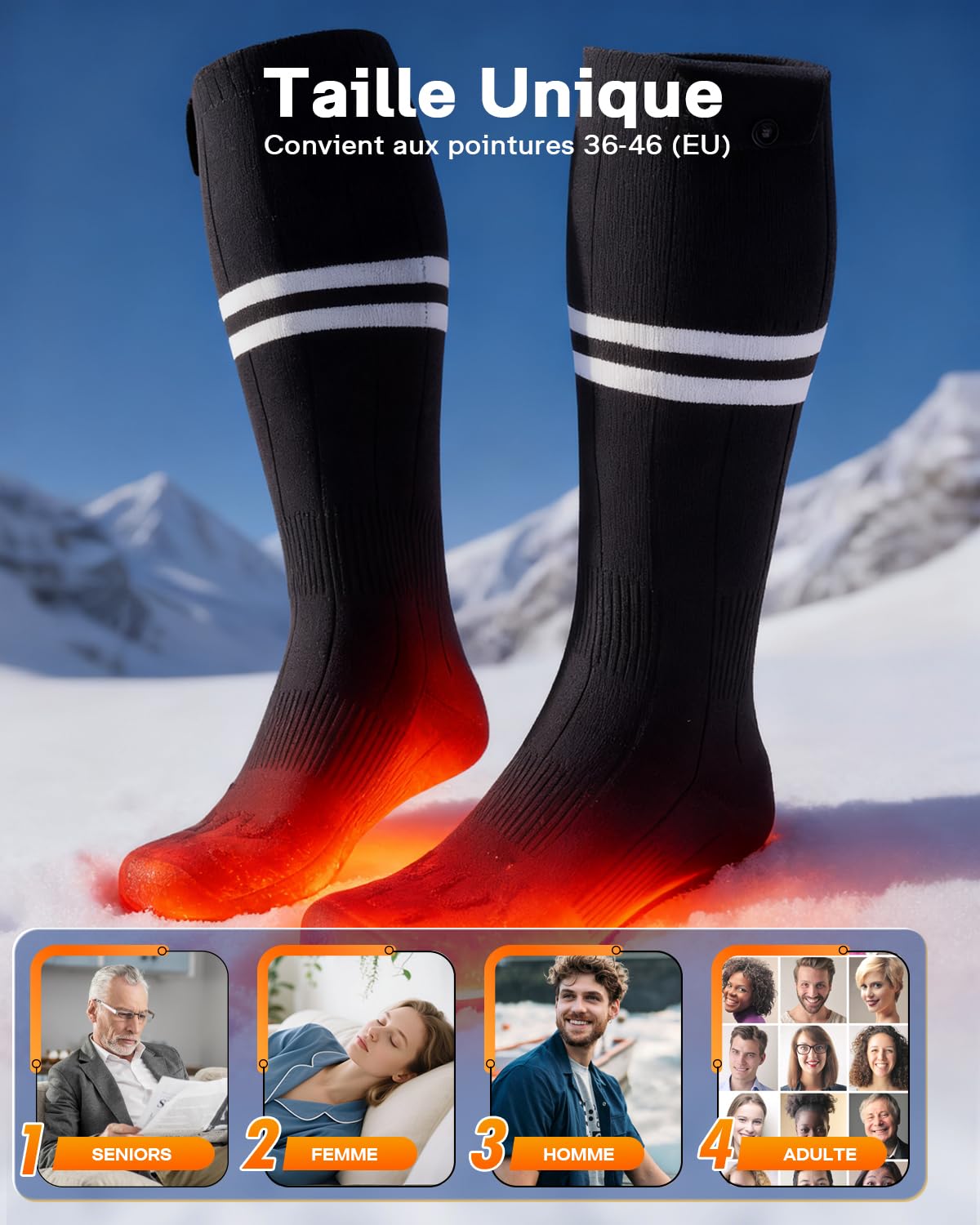 ALLJOY Chaussettes Chauffantes, Cadeau Noel pour Femme Homme, 2x10000mAh Chaussette Chauffante Rechargeables avec 4 Niveaux de Chauffage et 5 Minuterie pour Camping Hivernal, Ski, Pêche