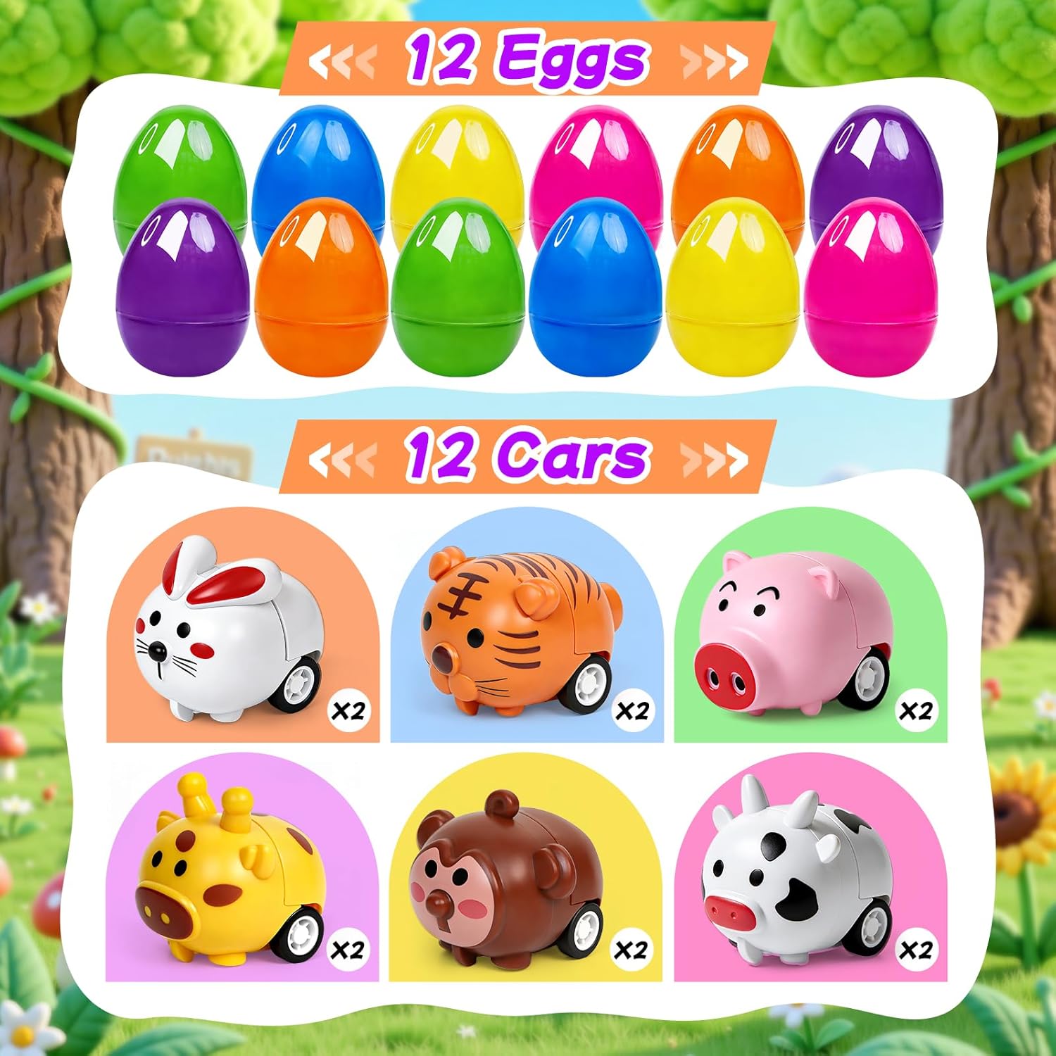 12 Pcs Prefilled Easter Eggs with Animals Bunnies Pull Back Car Toys for Toddlers Kids Easter Basket Stuffers Egg Fillers Egg Hunt Party Favors Classroom Prizes for Boys and Girls
