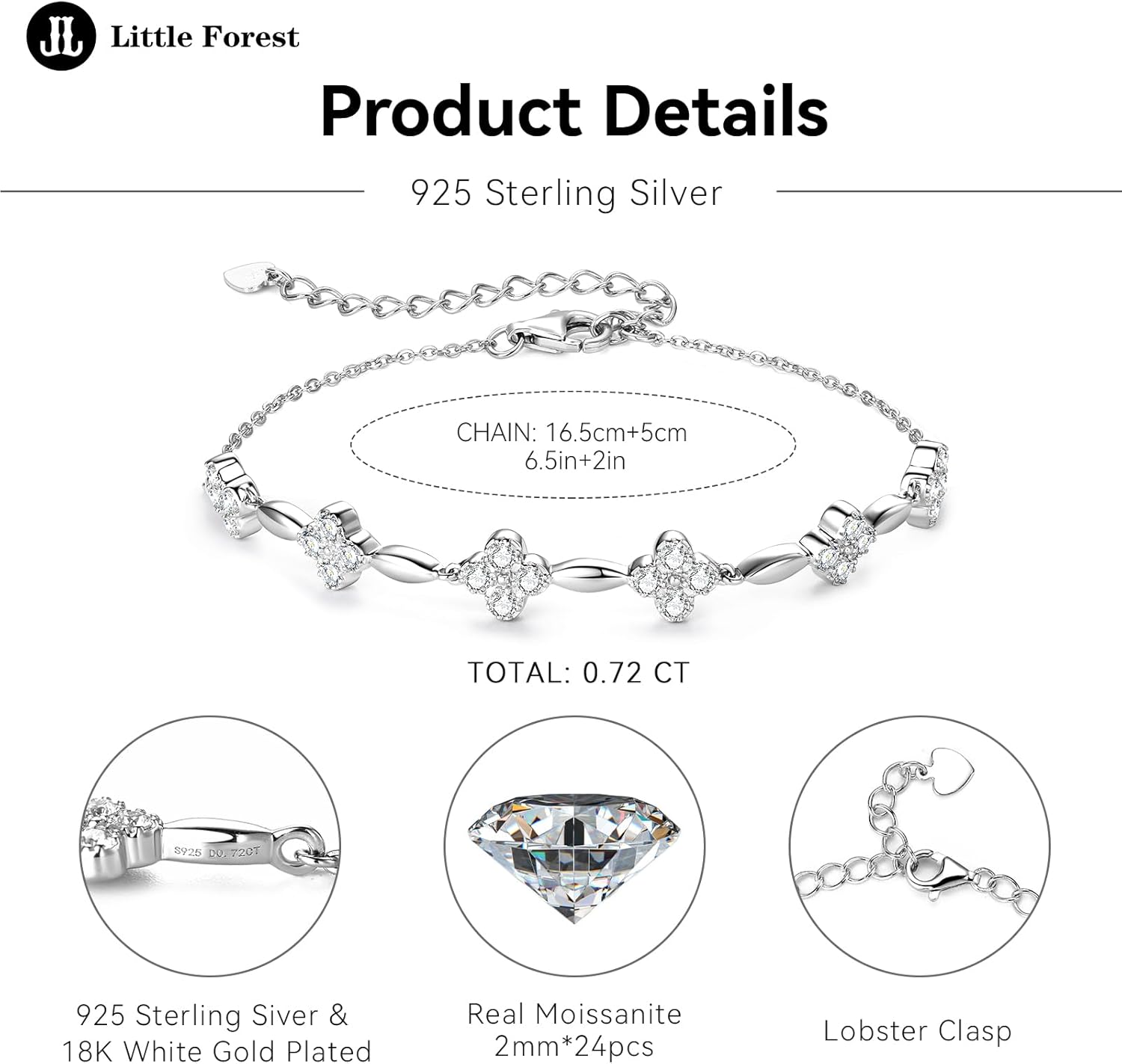 Adjustable Moissanite Bracelet for Women, 925 Sterling Silver D Color Lab Created Imitation Diamond Dainty Hypoallergenic Jewelry Mother's day Birthday Gifts - Image 5