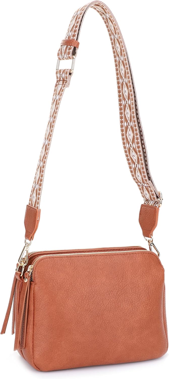 SG SUGU Triple Compartment Crossbody Bag for Women Trendy Vegan Leather Shoulder Bag with 2 inch Wide Guitar Strap