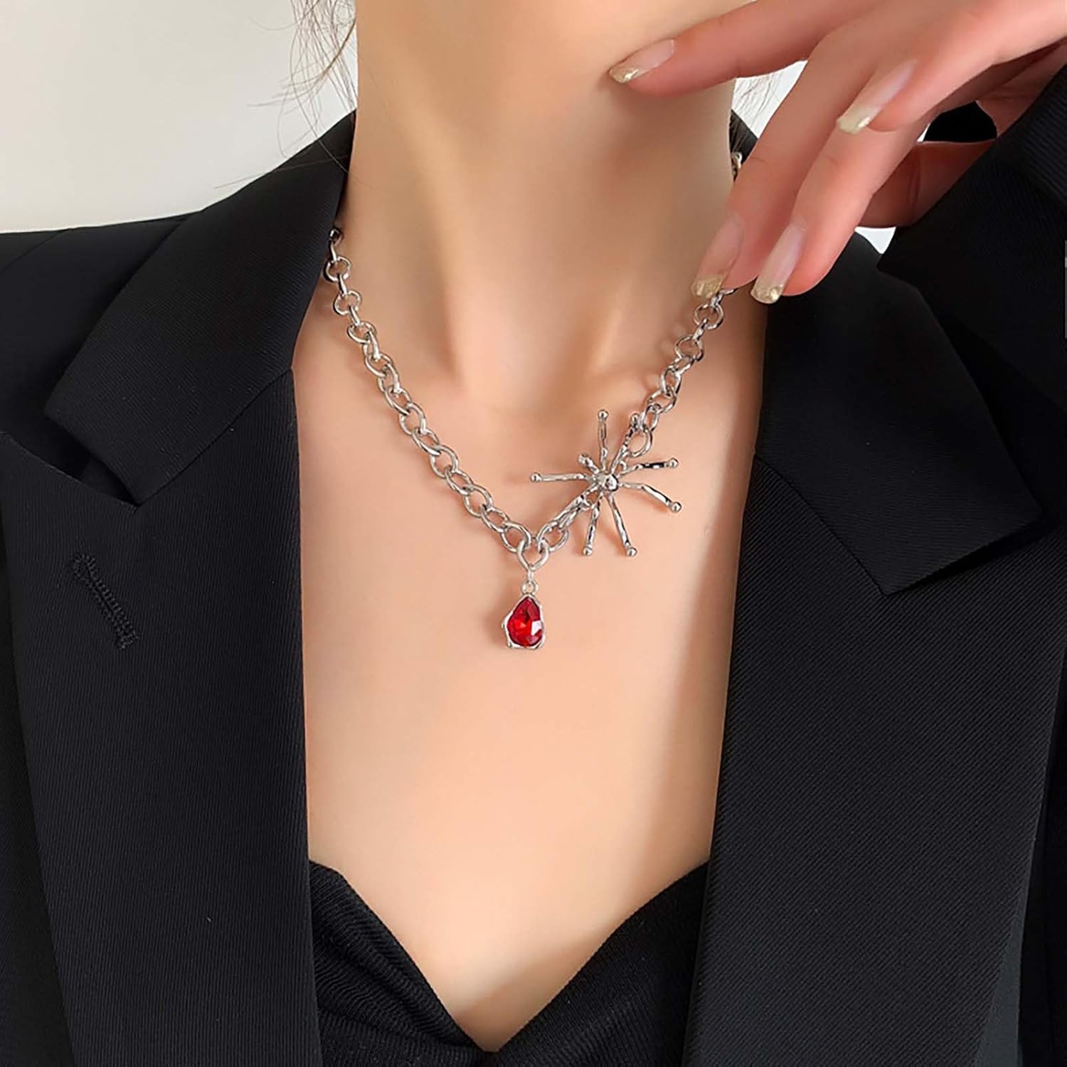 Andelaisi Punk Ruby Spider Cuba Chain Necklace Vintage Ruby Teardrop Pendant Necklace Silver Spider Choker Necklace Adjustable Chunky Chain Necklace Jewelry for Women - Image 2