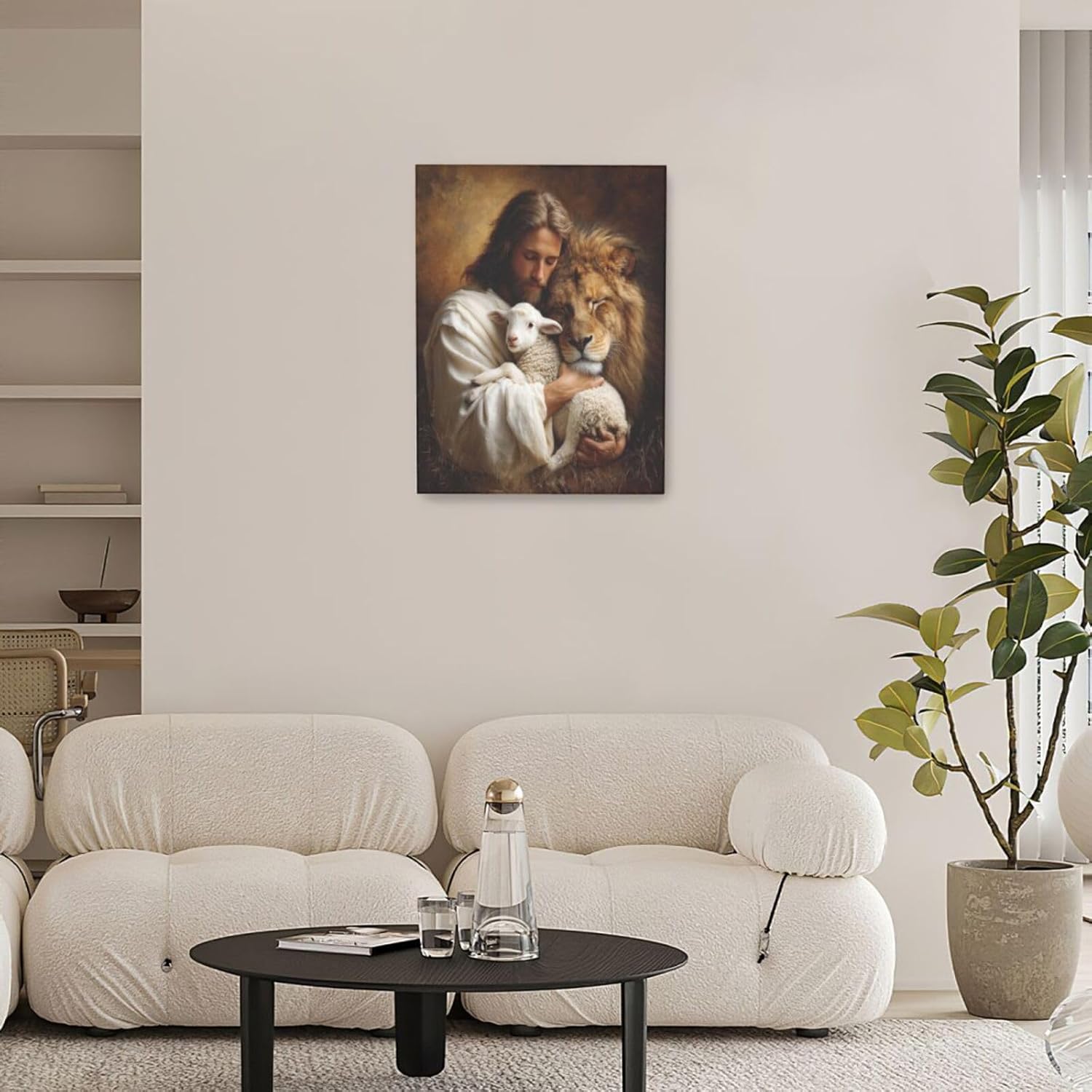 Jesus Lion Lamb Wall Art Christian Jesus Wall Decor Lion of Judah Pictures Religious God Canvas Painting Print Christ Artwork Decoration for Living Room Bedroom Church Framed Gifts 12”X16”