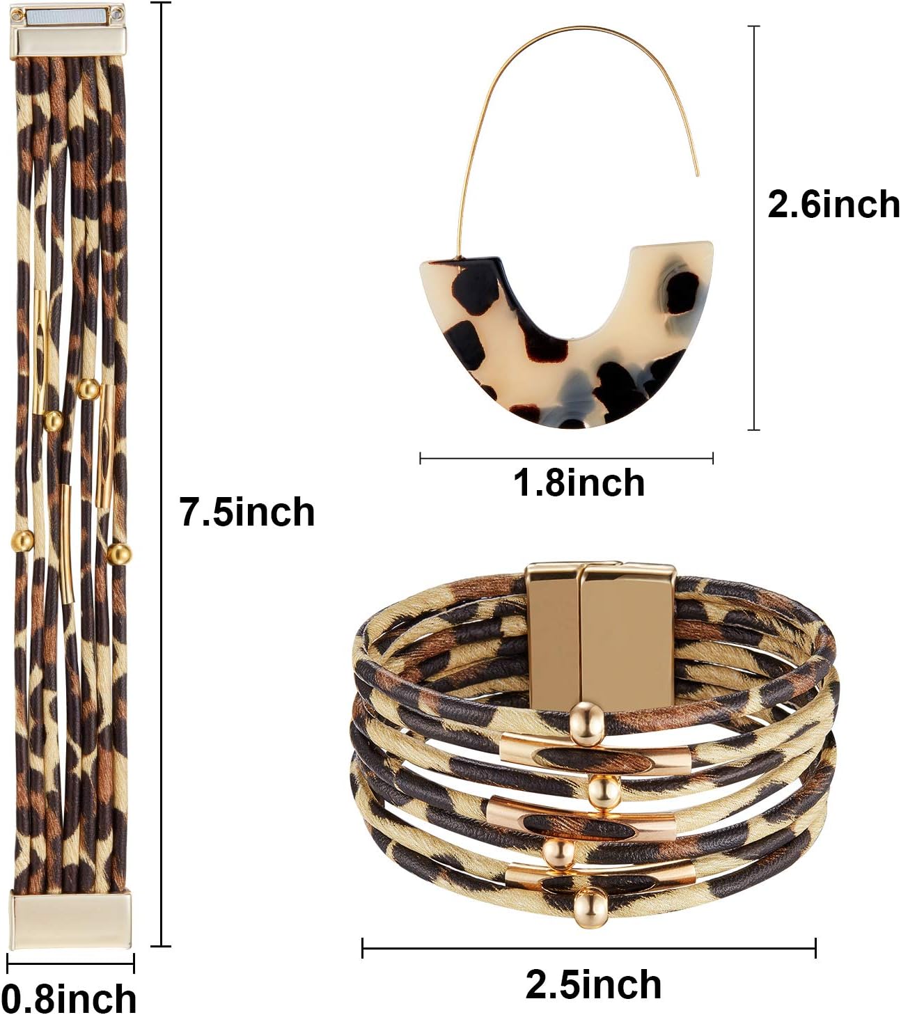Hicarer Leopard Bracelets and Earrings Cheetah Jewelry Tortoise Shell Earrings Multilayer Leather Wrap Bracelets Large Wrists Boho Accessories(Beige)