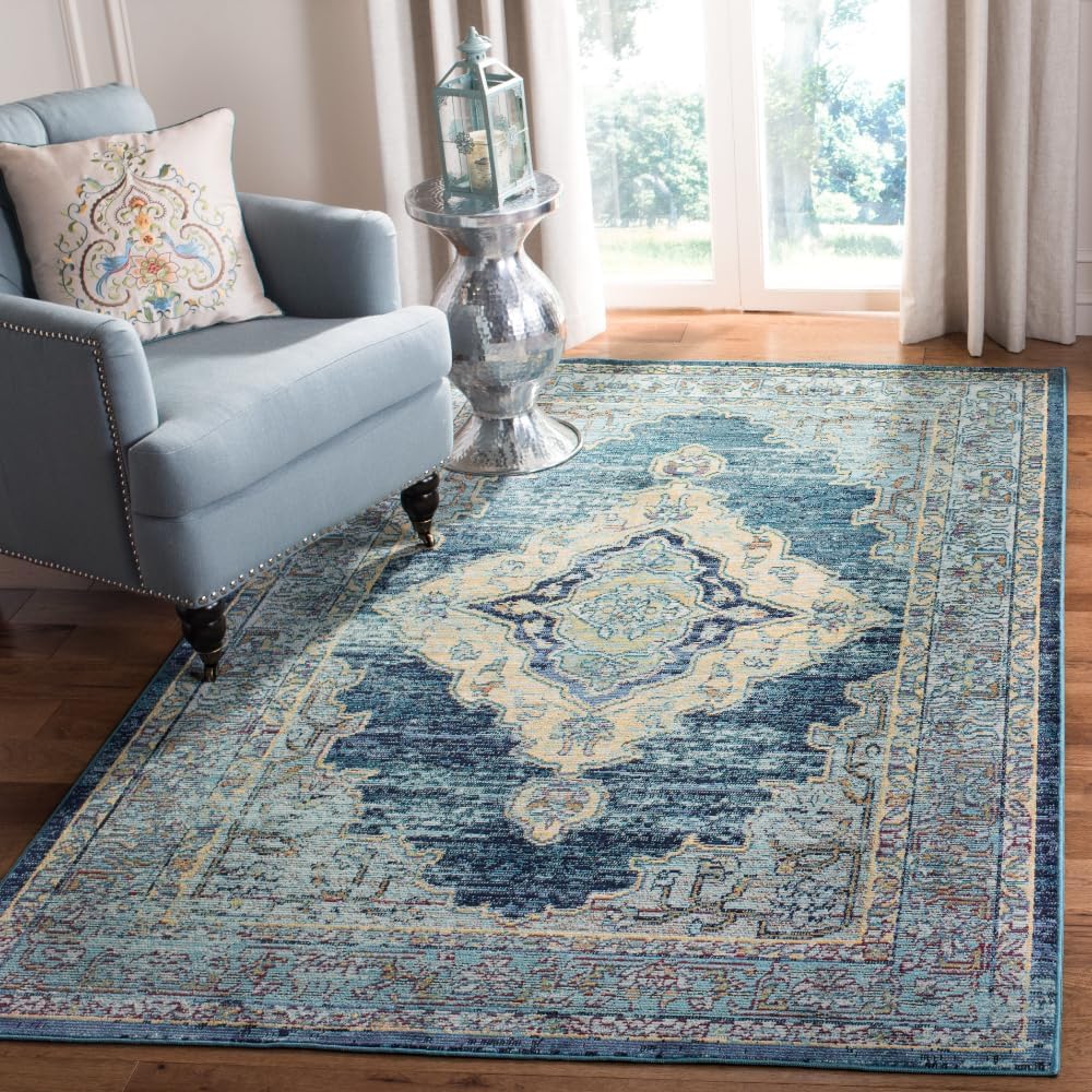 SAFAVIEH Crystal Collection Accent Rug - 3' x 5', Blue & Yellow, Medallion Distressed Design, Non-Shedding & Easy Care, Ideal for High Traffic Areas in Entryway, Living Room, Bedroom (CRS500M)