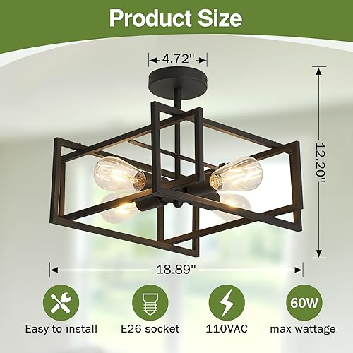 Miniatura 2 de SZXYKEJI Paquete de 2 lámparas de techo modernas negras de montaje empotrado de 18.89 pulgadas, base E26, lámpara de araña para granja, cocina,