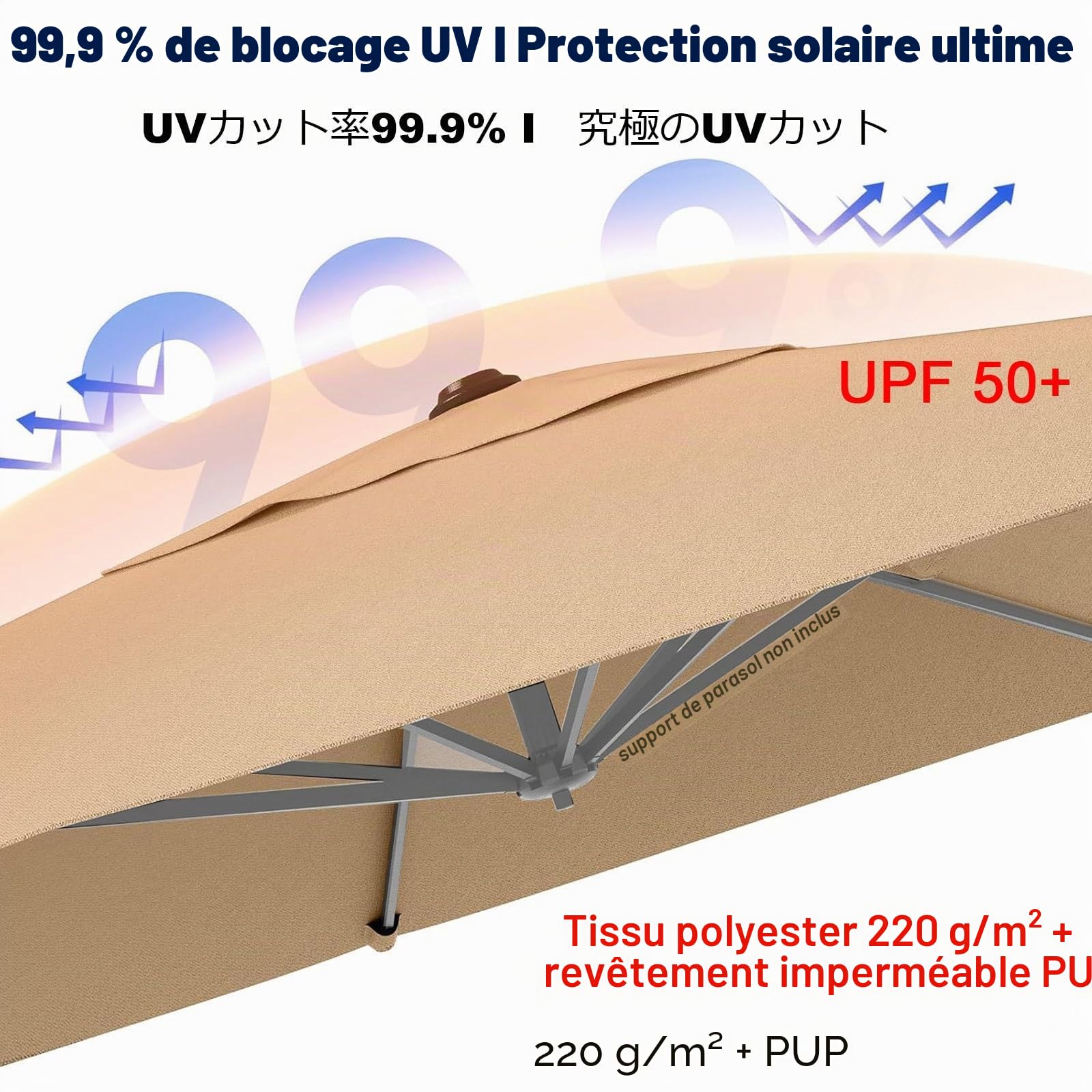Carré Déporté Toile Parasol Auvent De Remplacement, Imperméable ProtectionUV Garden Umbrella Canopy Cover, 2.5 3 4.m 8Baleines Housse Toile De Rechange Pour Balcon Patio Jardin(Offwhite,3X3m)