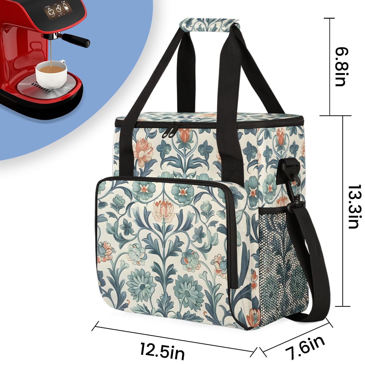 Exquisite Flowers Coffee Maker Carrying Bag, Portable Travel Storage Tote Bag Compatible with K-Mini or K-Mini Plus, Single Serve Coffee Brewer Carrying Case with Multiple Pockets & Shoulder Strap