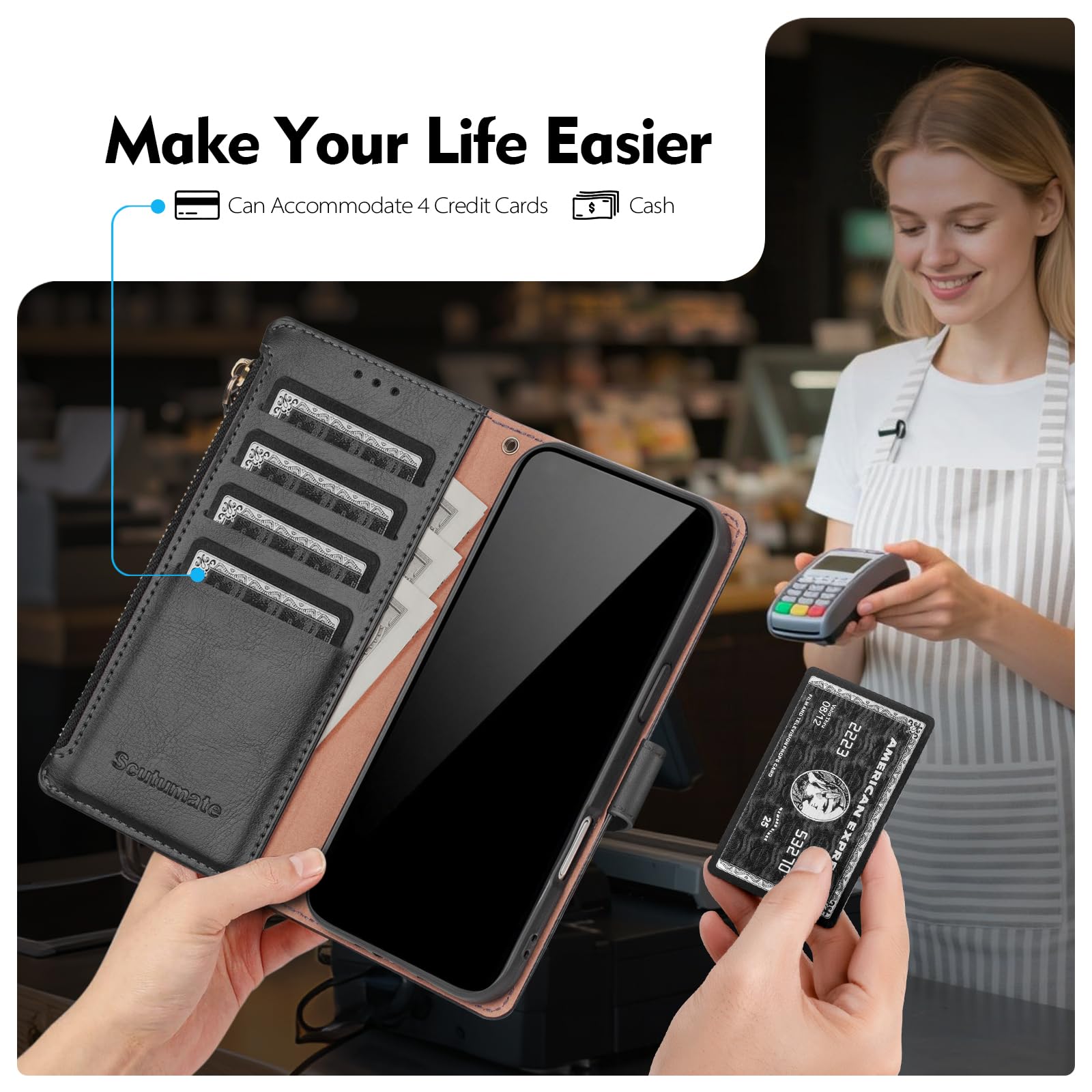 Custodia a portafoglio compatibile con Phone 17 Pro Max, con porta carte di credito, blocco RFID, cerniera, poket, in pelle PU, con cinturino da polso, slot per carte di credito, unisex, per