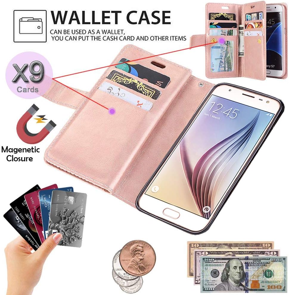 Galaxy J3 Case 2018 Wallet/J3 Achieve/J3 Star/J3 Orbit/Amp Prime 3 Case,Auker 9 Card Holder Folio Flip Leather Magnetic Folding Zipper Wallet Case with Strap/Money Pocket for Samsung J3V 2018 (RoGold)