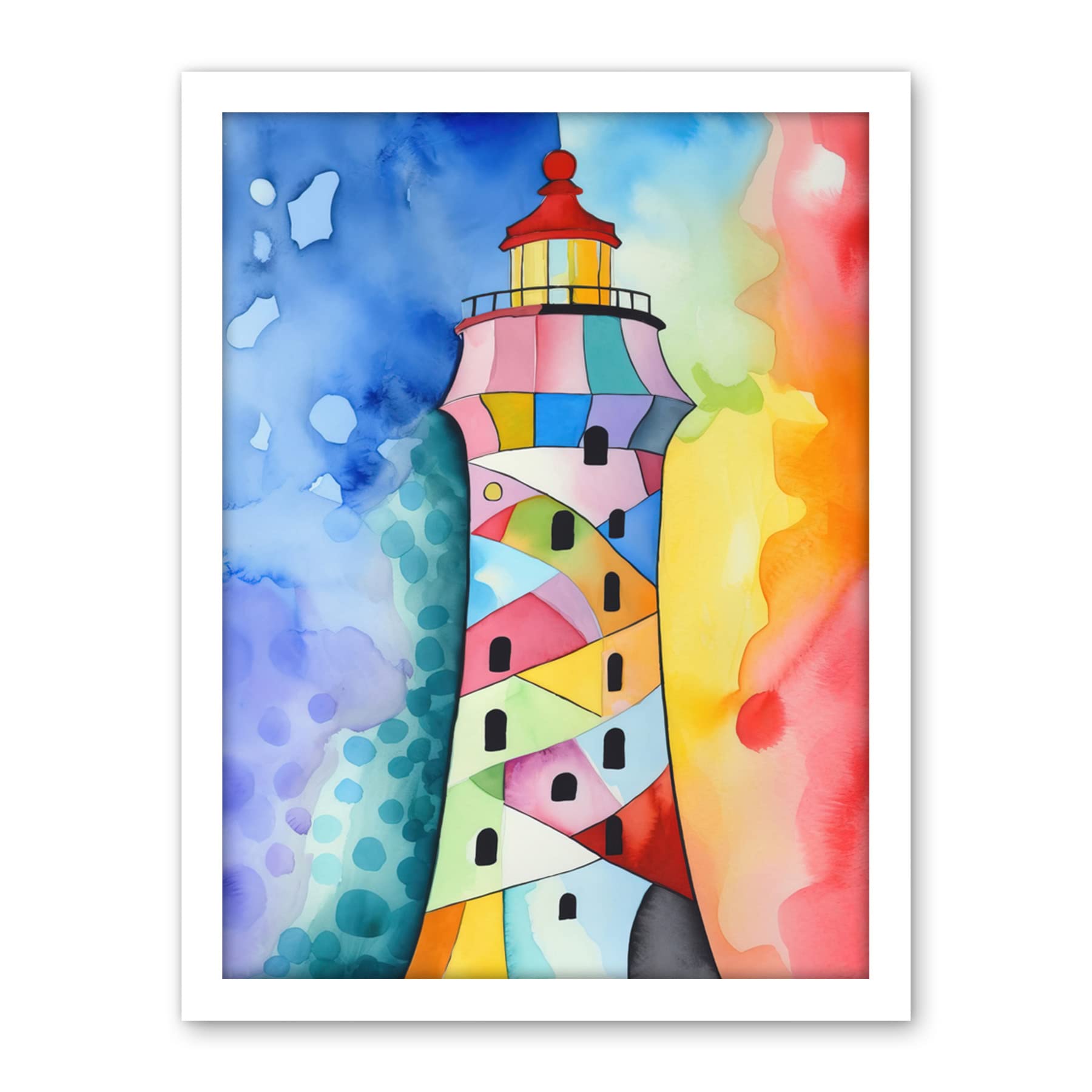 Artery8 Lighthouse Concept With Rainbow Colour Sky Folk Art Watercolour Painting Artwork Framed Wall Art Print 18X24 Inch