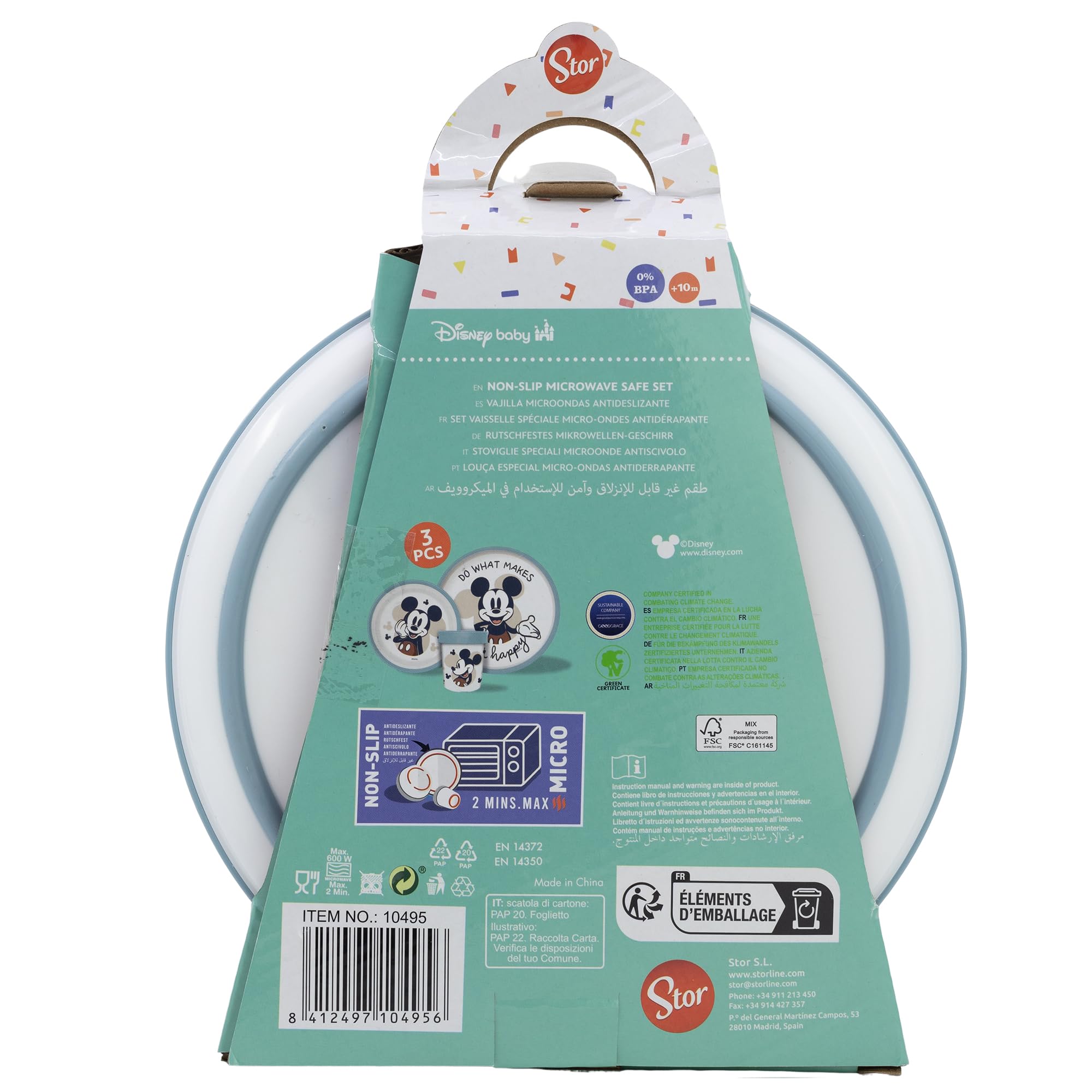 STOR Vaisselle Bébé Antidérapante Mickey Mouse - Set 3 Pièces Assiette Bol Gobelet 260ml - Plastique sans BPA Micro-ondes - Disney Baby
