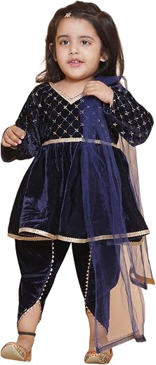 PRIMROSES Navy full sleeves velvet V-Neck kurta and dupatta with solid dhoti | T-MDHGold