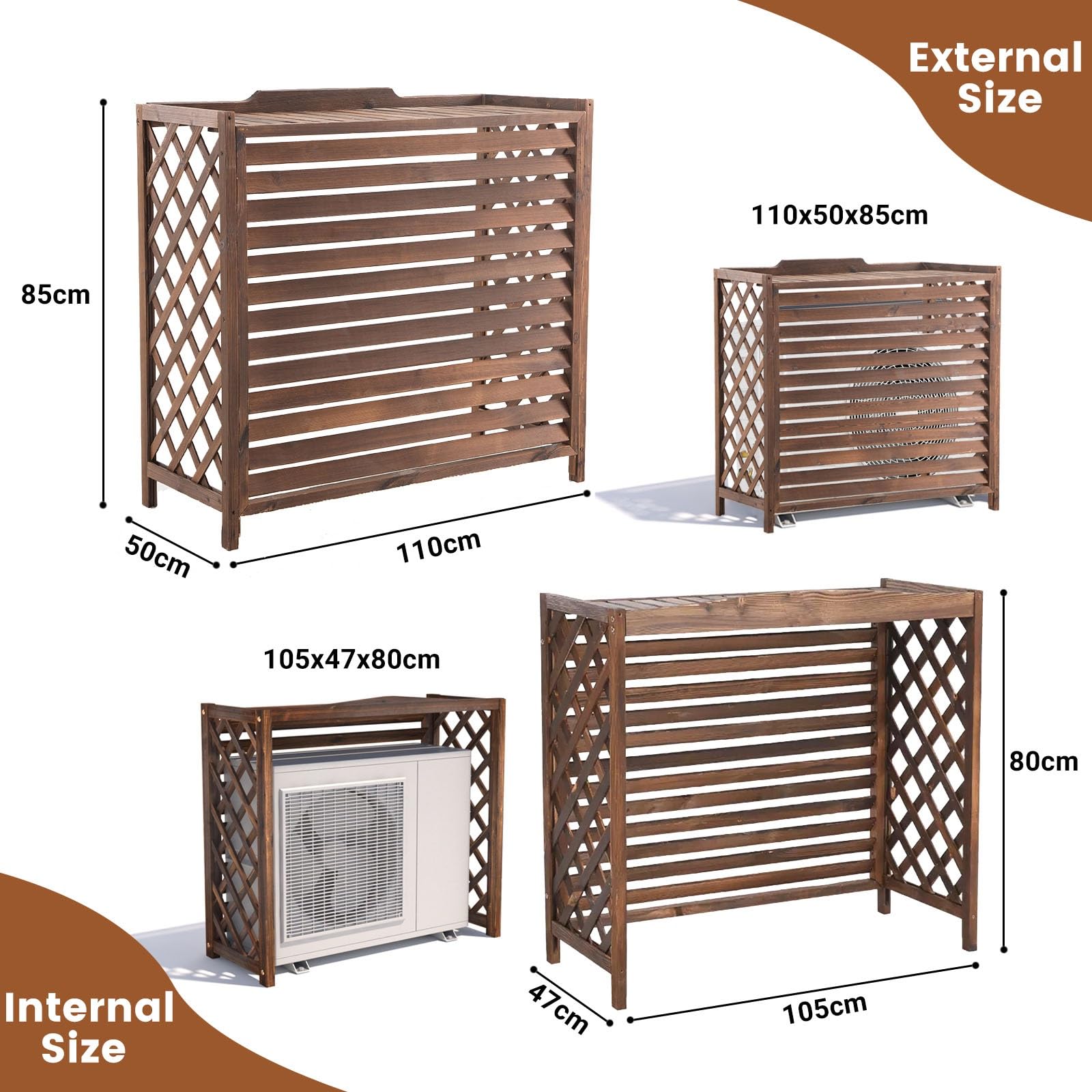 Cache Pompe a Chaleur Extérieur Bois Cache Climatiseur Extérieur Marron Support De Climatiseur En Bois Jardin Housse Pompe a Chaleur Conception Cachée De Climatisation Décoration Balcon(110x50x85cm)