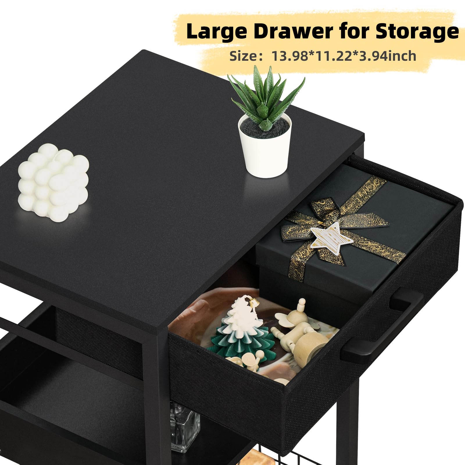 Lerliuo Pure Black Printer Table with Fabric Drawer,3 Tier Industrial Wood Printer Stand with Storage Shelf,Modern Tall End Table,Nightstand,Bed Side Tables for Scanner Fax Home Office Small Spaces