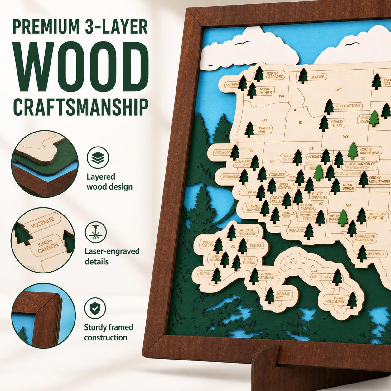 Wooden US National Parks Map Travel Tracker, 16.5x11 National Park Checklist Board with Stand & Badlands Sticker Set, Geography Gift for Families Outdoor Lovers