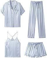 SAPJON Silk Pajamas for Women Set 4Pcs Ruffled Satin Pajamas Set Button Down Short Sleeve Cami Shorts Sleepwear Pj Set