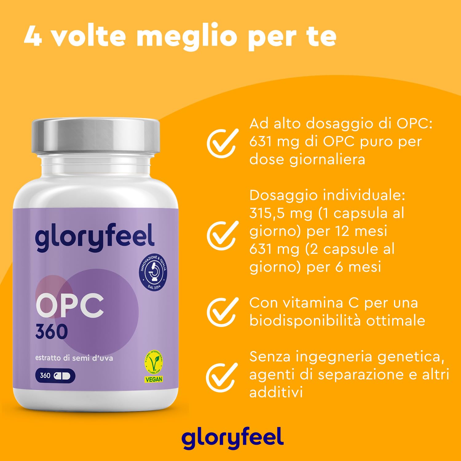 Integratore OPC, Estratto di semi d'uva con Vitamina C, 360 Capsule Vegan, 631mg di OPC puro da Uve Francesi, Antiossidante per Circolazione, Proantocianidina Oligomerica