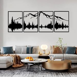 YIYA 4 Pcs Mountain Metal Wall Art Large Mountain Forest Decorative Black Metal Mountain Wall Decor Metal Vertical Wall Sculptures for Home Living Room Bedroom