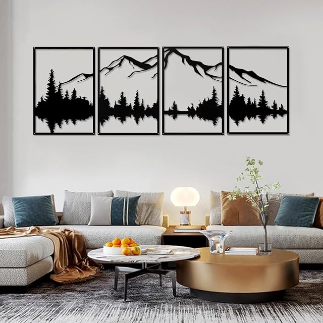 YIYA 4 Pcs Mountain Metal Wall Art Grande Forêt de Montagne Décor mural de montagne décoratif noir métal métal Sculptures murales verticales pour la maison Salon Chambre à coucher