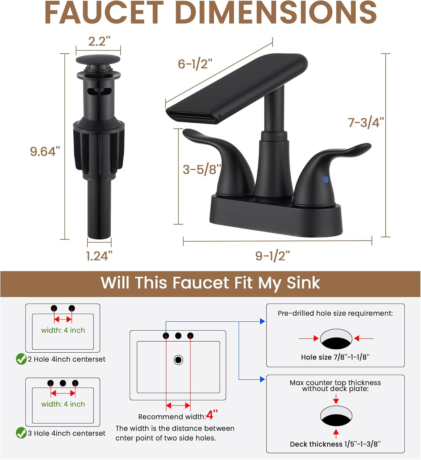 Matte Black Bathroom Faucet 4 Inch Centerset, Waterfall Plastic Bathroom Sink Faucet with Pop Up Drain & Overflow, Dual Handle 360° Swivel Spout, Fits 2 or 3 Hole Lavatory Sink, Modern Design
