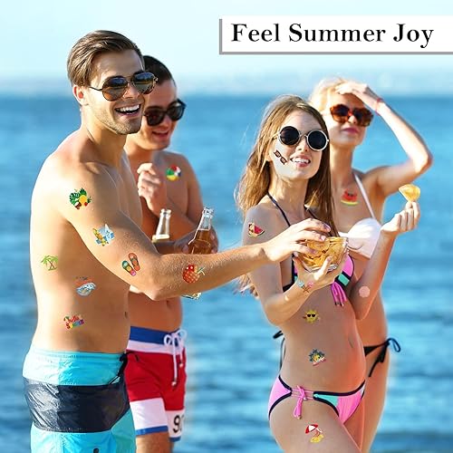 Miniatura 7 de ADXCO 144 piezas de tatuajes de verano para fiesta en la piscina, tatuajes hawaianos con temática de Luau, impermeables, para playa, tatuajes