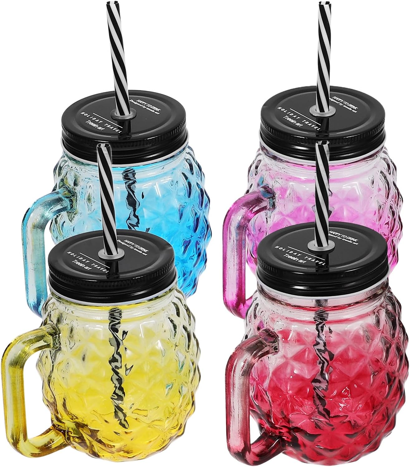 Cabilock 4pcs Glass Mason Cups with Leak-proof Lid and Spill Proof Design, Wide Mouth Juice Cups for Work and School, Stylish Drinkware and Adults