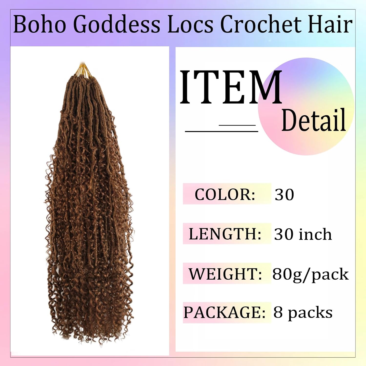 Boho Faux Locs Crochet Hair 30 Inch Goddess Locs 8 Packs Boho Soft Locs with Curly Ends Pre-looped Long Bohemian River Locs Crochet Hair for Black Women(30Inch, #30)
