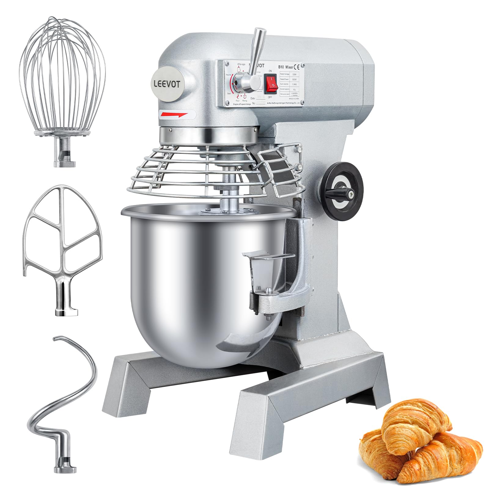LEEVOT Impastatrice planetaria commerciale da 10L, impastatrice commerciale regolabile a 2 velocità da 500 W, impastatrice elettrica verticale per impieghi gravosi con vasca in acciaio inox per cucin