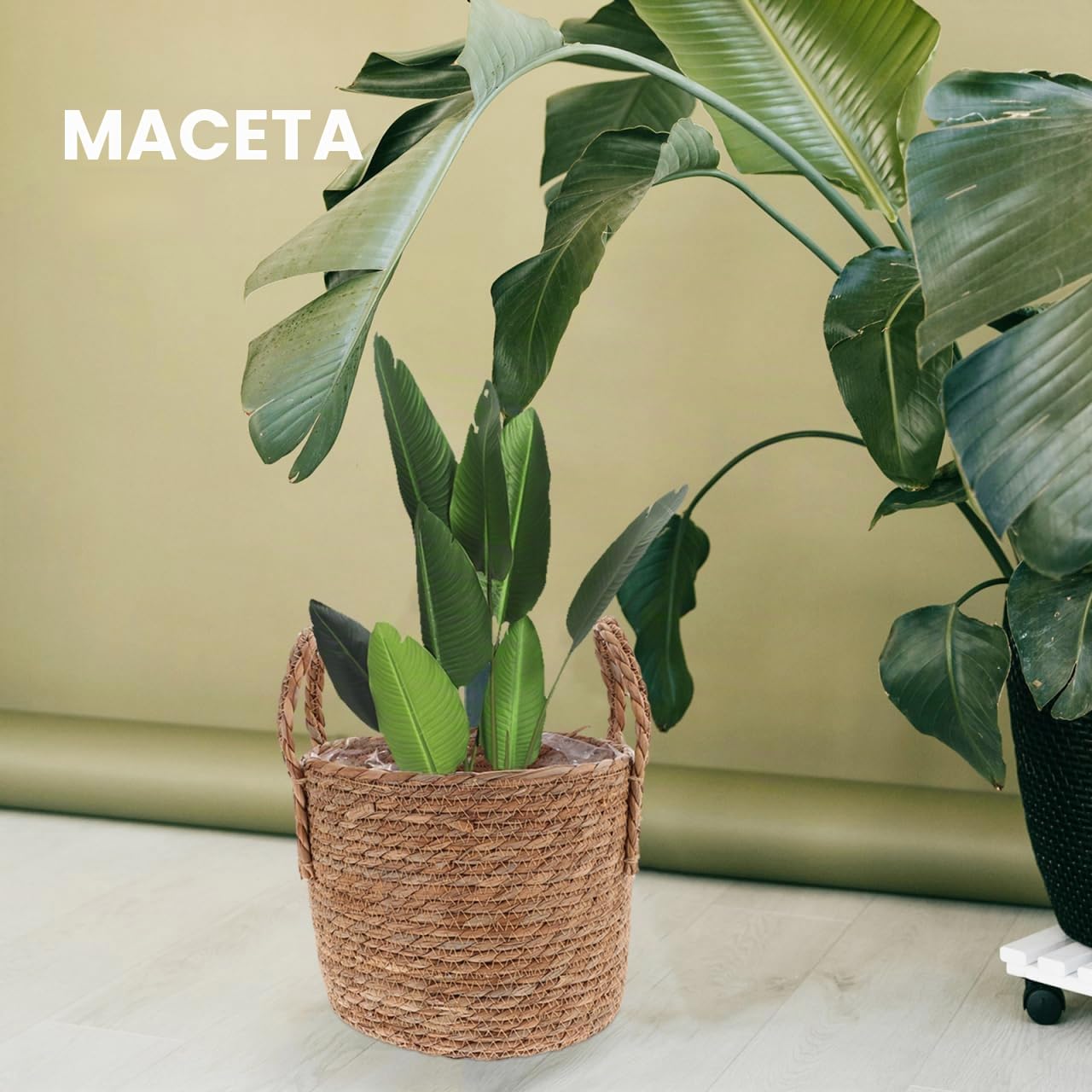 Baluue Cesta de Plantas Macetas de Interior Tejidas de 28cm Cesta de Paja Tejida a Mano con Forro Impermeable, Maceta Rústica Estilo Boho para Hogar, Salón y Oficina