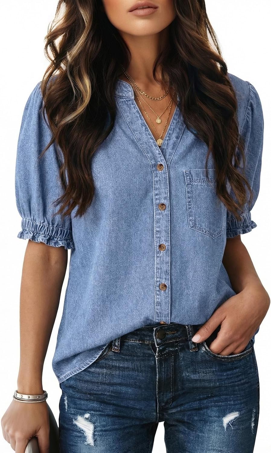 Dokotoo Women Denim Shirt Button Down Casual Short Sleeve V Neck Blouse Summer Tops