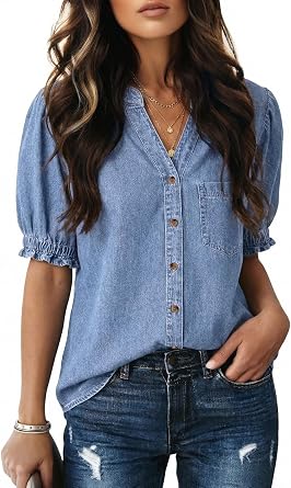 Dokotoo Women Denim Shirt Button Down Casual Short Sleeve V Neck Blouse Summer Tops