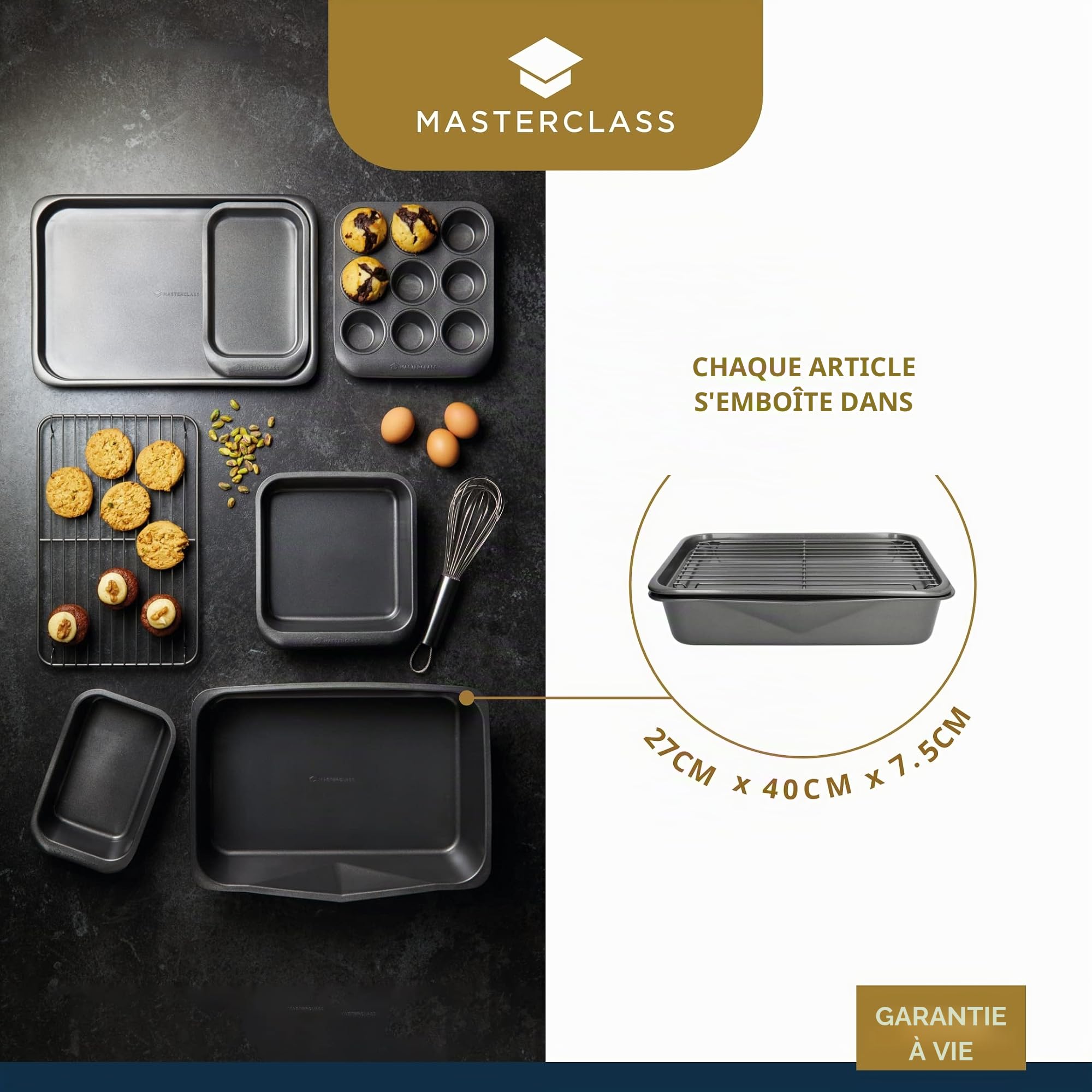 MasterClass Smart Space Stacking PTFE, PFOA and BPA Free Non-Stick Bakeware Set, 7 Piece Baking Trays, Gift Boxed, Grey