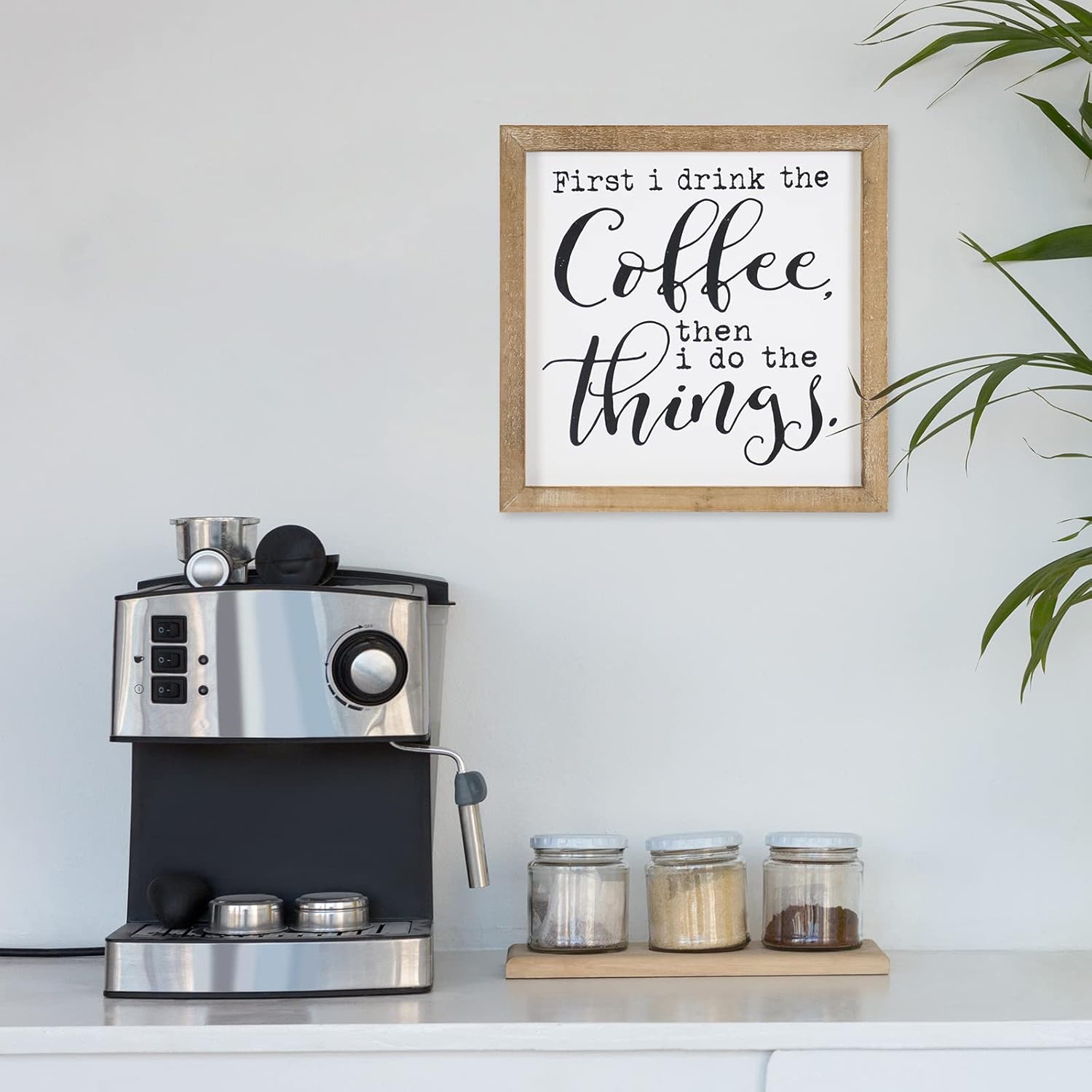 SANY DAYO HOME First I Drink The Coffee Then I Do The Things Rustic Wood Framed Coffee Signs 12 X 12 inch Hanging Farmhouse Wall Art Decor for Home, Kitchen, Coffee Bar : Home & Kitchen