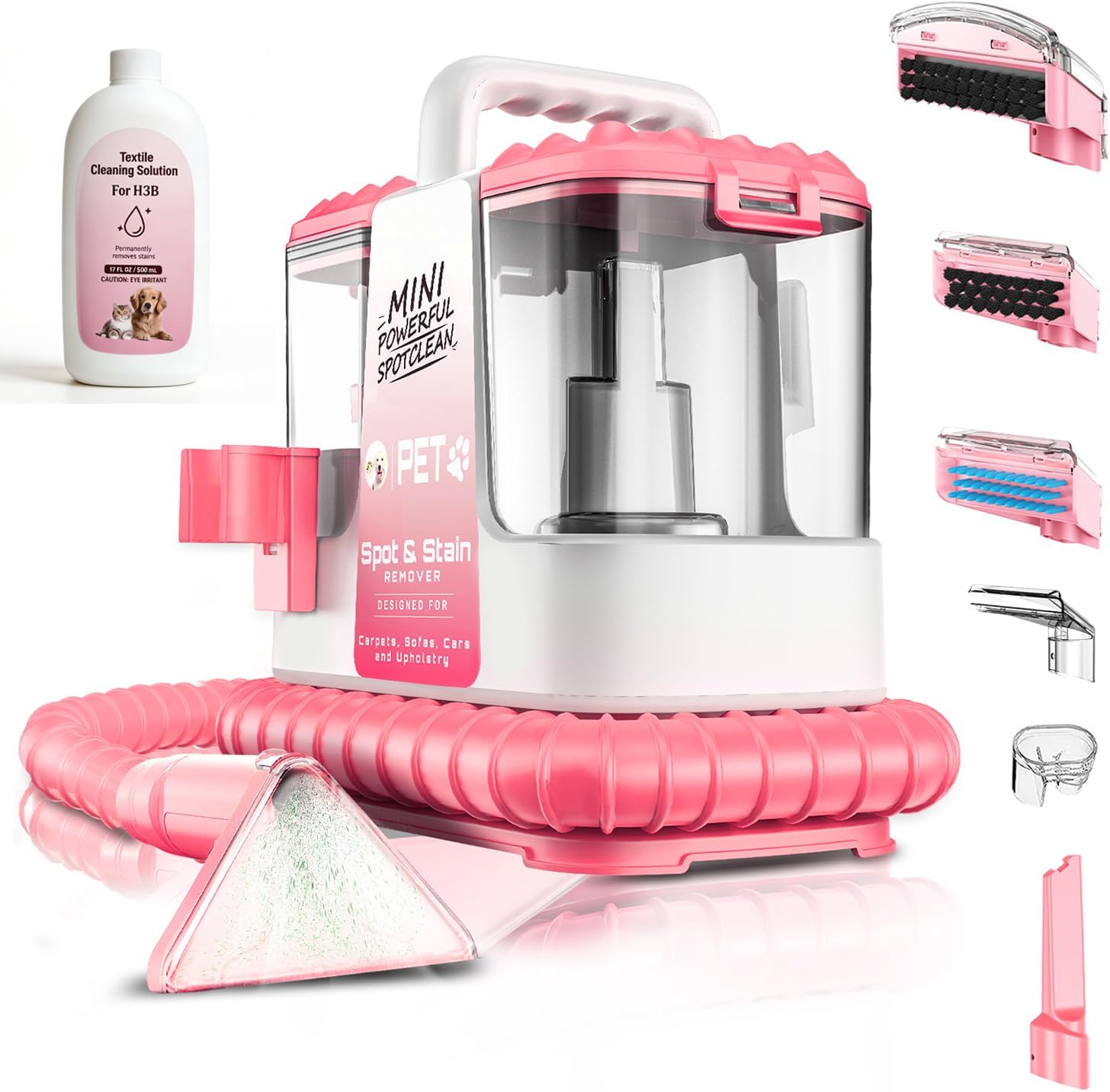 Carpet Cleaner Machine, 20Kpa Powerful Suction with 5 Cleaning Tools, Cleaning Solution, Car/Auto Detailer, Lightweight Compact Design for Rug, Carpet, Car Seats, Pets, Stairs, Couches,Pink