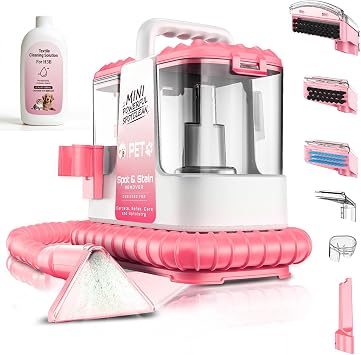 Portable Carpet & Upholstery Cleaner Machine for Pet Stains, Powerful Suction Spot Cleaner for Couch, Sofa, Car Interior & Rugs, Lightweight Compact Deep Cleaning Machine with Solution, Pink
