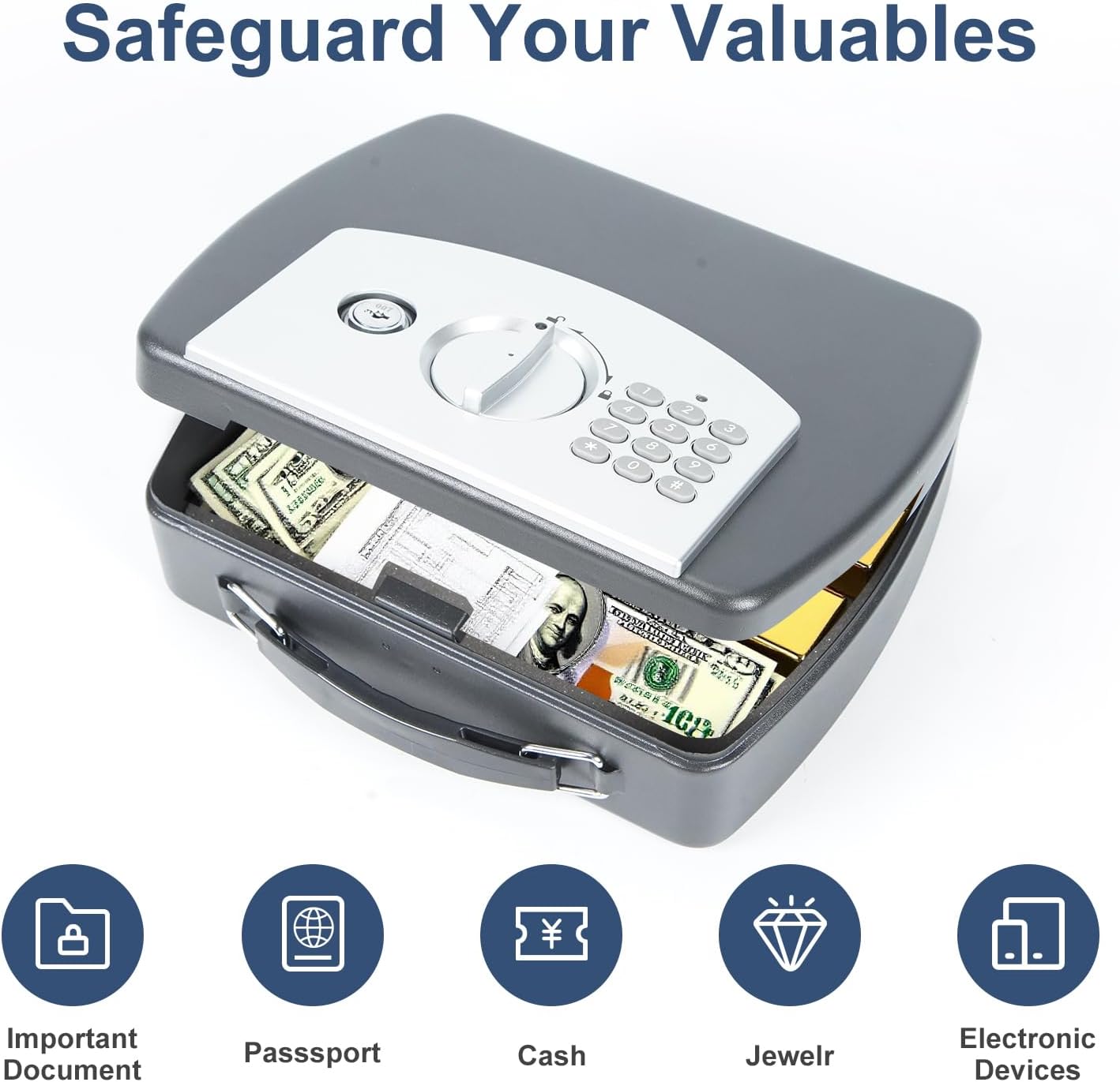 0.08 Cu Ft Portable Steel Security Safe Box with Digital Keypad | Portable Travel Safe Built With Carrying Handle, Ideal For Storing Cash, Jewelry & Documents At Home, Office And Hotel